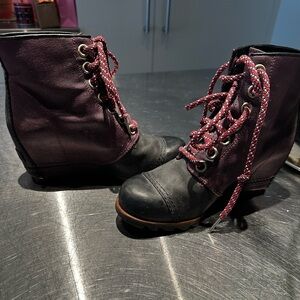 Sorel, “1964 premium wedge” in the color, purple Dahlia